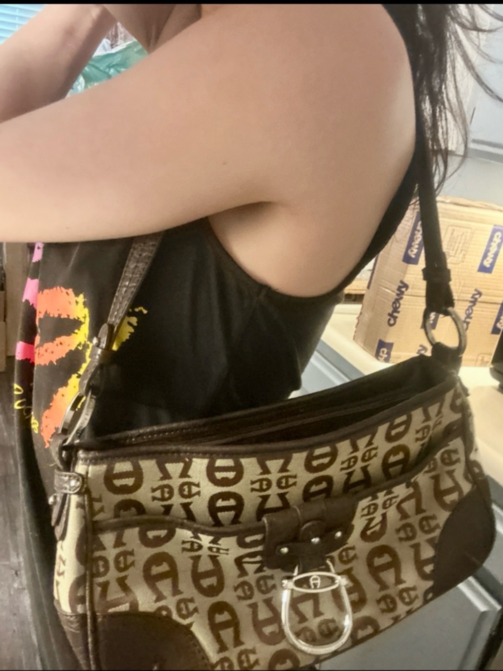 ETIENNE AIGNER Y2K VTG Baguette Shoulder Bag Monogram Print Horsebit Brown Beige - Picture 2 of 15